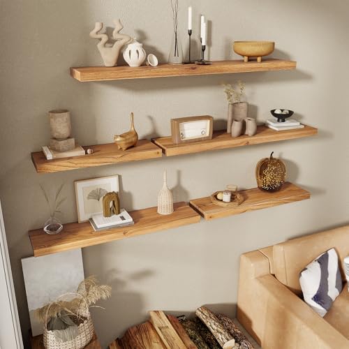 RICHFOCUS 36inch Natural Floating Shelves for Wall, 8" Deep High End Solid Real Wood Wall Shelves for Bathroom, Rustic Wooden Floating Shelves with Invisible Brackets for Books Storage Decor, Set of 2 - color: Natural, size: 36inch