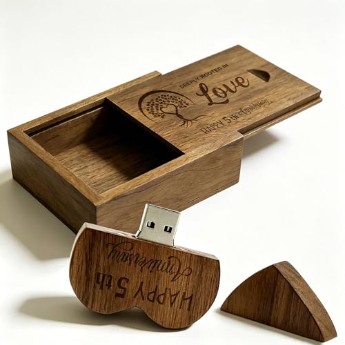 Wood USB Flash Drive 32GB USB3.0 with Box for 5 Year Anniversary (Heart) - color: Walnut(WED Heart USB+box-S), size: 32GB-3.0