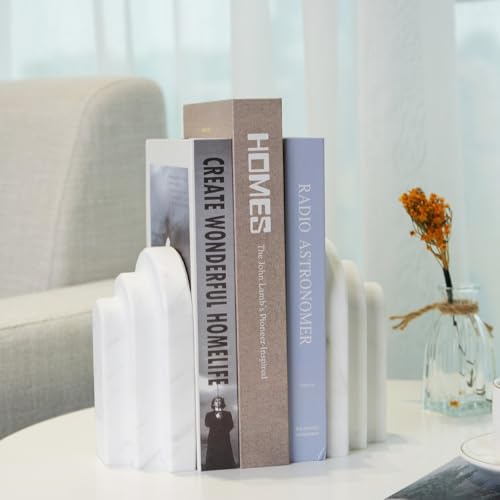 Natural Marble Book Ends - Heavy Duty Bookends for Shelves - Aesthetic Layered Arch Design Stone Book Holders, Decorative Modern Office Bookshelf Stopper Decor for Books/CDs, White - style: Arched-White