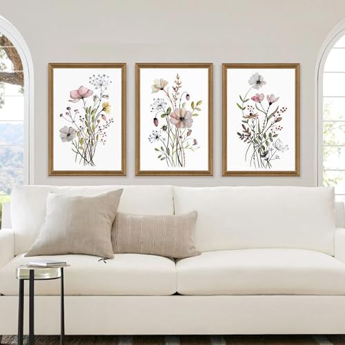 WRFON Framed Botanical Canvas Wall Art Set of 3, Watercolor Floral Prints, Framed Flower Wall Decor for Bedroom Bathroom Living Room, 20x30 Inch Each - color: Pink Flower(Framed), size: 30"L x 20"W