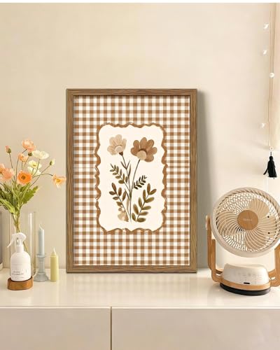 Vintage Floral Wall Art Canvas Framed Poster Painting Print Picture, Rustic Gingham Botanical Art Decor, Cottagecore Flower Illustration Farmhouse Neutral Wall Decor for Living Room Bedroom Kitchen Home 12x16 Inch - color: A-Flower, size: 16"L x 12"W