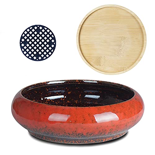 Succulent Pots with Drainage, 7.3 Inch Ceramic Bonsai Pots for Plants - color: Red