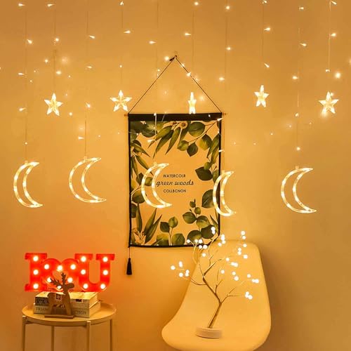 FUNPENY Star Moon Curtain String Lights, 138 LED Window Lights with Remote Control, Warm White Fairy Lights with 8 Modes for Indoor, Wedding, Party, Bedroom, Patio Lawn, Ramadan Decorations