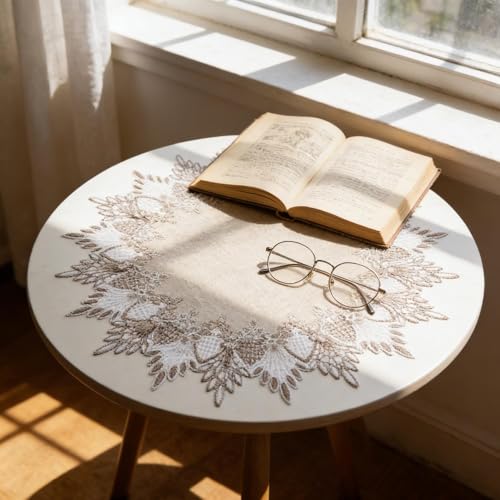 2 Pcs Lace Doily, 15" Round Neutral Earth Tones Beige Lace Coffee Table Topper Linen Style Tablecloth Placemats with Embroidery Edge for Dining Room - size: 15"