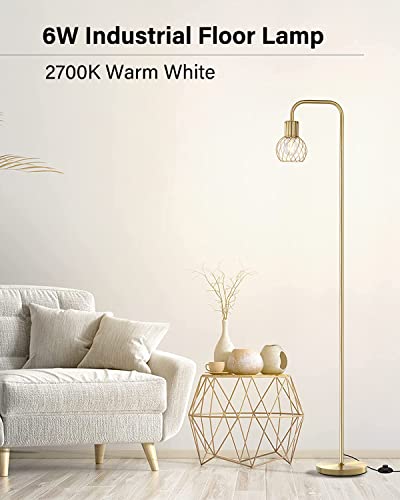 Brass Gold Standing Floor Lamp for Living Room - Modern Industrial Design with 6W LED Bulb, Foot Switch, Metal Tall Stand, Minimalist Farmhouse Boho Style for Bedroom & Office - style: Gold Industrial Floor Lamp