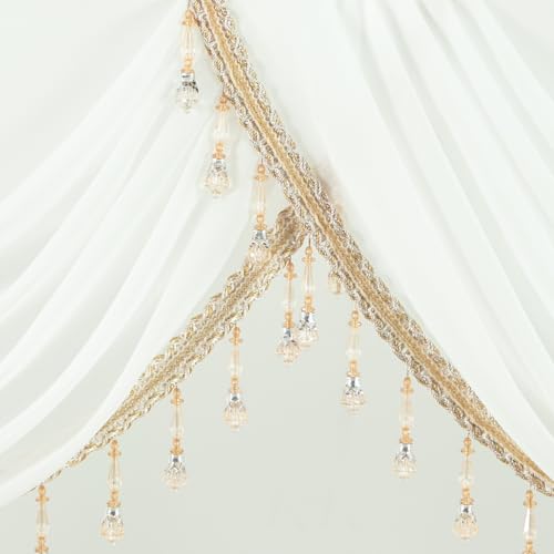 VOGOL Sheer White Waterfall Valance with Beaded Tassels, 138 x 43, 1 Panel - color: White-beaded, size: 138"W x 43"L (Pack of 1)