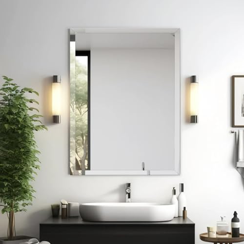 22x30 Inch Rectangle Frameless Mirror, Beveled Bathroom Mirror - size: 22"L x 30"W