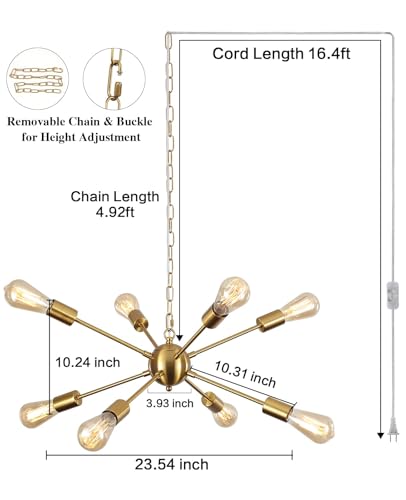 LASENCHOO 8 Lights Plug in Chandelier Gold, Sputnik Hanging Lights Fixture - color: 8 Lights-Gold-E26-Plug In, size: 8 Lights