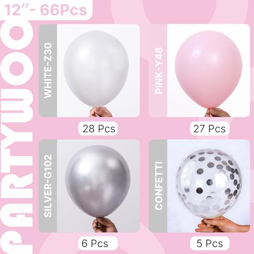 PartyWoo Pink White and Silver Balloons 66pcs 12 Inch Pink White Balloons - color: Pink, White, Metallic Silver