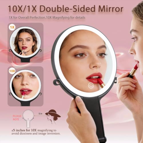 Travel Makeup Mirror with Lights & Foldable Stand, 6" Double Sided 1X/10X Magnifying Portable Lighted Hand Mirror for Men Women, 1X for Full Face & 10X Basic Magnification for Apply Eyebrow - color: Black(1/10x)