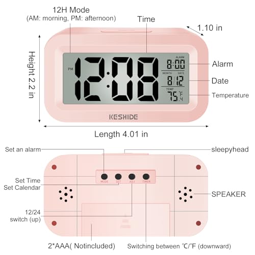 Travel Digital Alarm Clock Battery Operated with Indoor Temperature, Desk Small Clock,Snooze Model,12/24H Display for Bedrooms Heavy Sleepers Kids Travel Bathroom - color: Pink