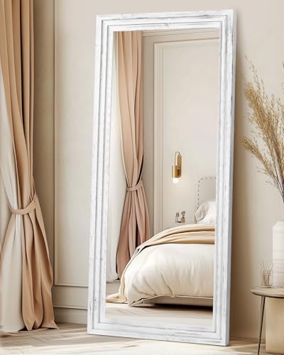 71x30in Full Length Mirror, 3-Tier Stepped Solid Wood Frame, White - color: White, size: 71"L x 30"W
