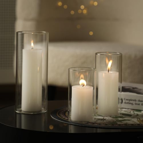 UDU 24 Pcs White Pillar Candles and Glass Cylinder Vases, Hurricane Pillar Candle Holder Vases for Wedding Centerpieces Table Party Home Decor(3.2" X 4.7", 6", 8") - size: 3.2" X 4.7", 6", 8"