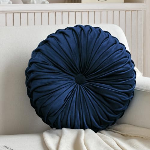 Teieas Round Throw Pillow Velvet Pleated Round Pillows Cushion Navy Blue - color: Navy Blue