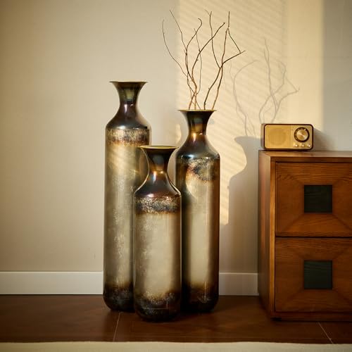Floor Metal Decorated Vases Set of 3 for Gorgeous Home Decoration Large Glazed Metal Vases (Gold+Metal) - color: Burning Metal