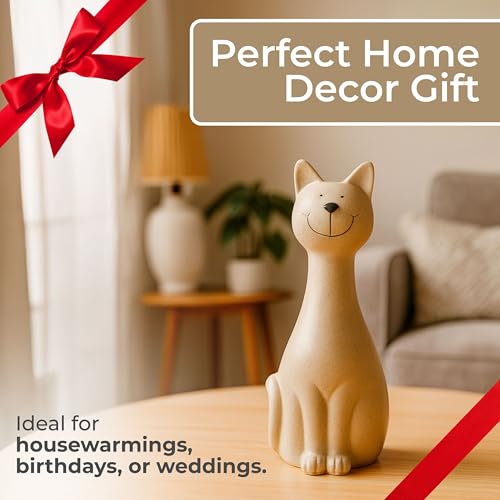 Skinny Sitting Kitty Figurine – Handcrafted Ceramic Cat Decorative Accent for Shelf, Console, or Coffee Table Display, Casual and Modern Living Room or Office Home Decor, 9", Gray