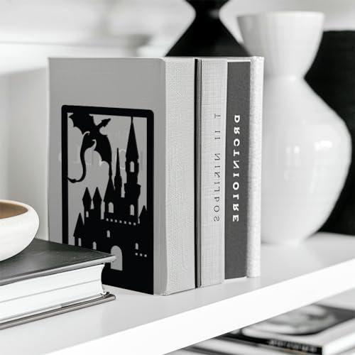Peacoblue 4.7"x3.5"x7" Metal Bookends, Heavy Duty Book Ends for Shelves - color: Dragon Castle