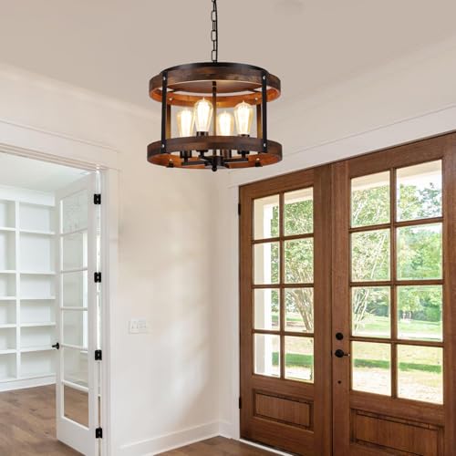 4-Light Large Rustic Farmhouse Plug in Pendant Light Fixture with Adjustable Chain, Dimmable Switch, 16.5 inch Oak Wood Drum Hanging Lamp for Dining Room Living Room Farmhouse Entry, Black - size: Large hanging lamp 1 pack