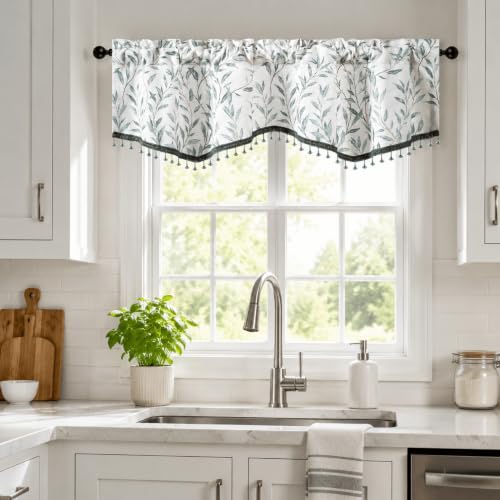VOGOL Country Style Leaf Print Scalloped Valance, Beaded Trim, 52 x 16 - color: Blue, size: 52"W x 16"L (Pack of 1)