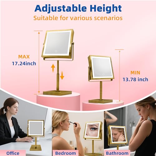 Ruacq Makeup Mirror with Lights 1X/10X Height Adjustable Antique Gold - color: Antique Brass - 10x