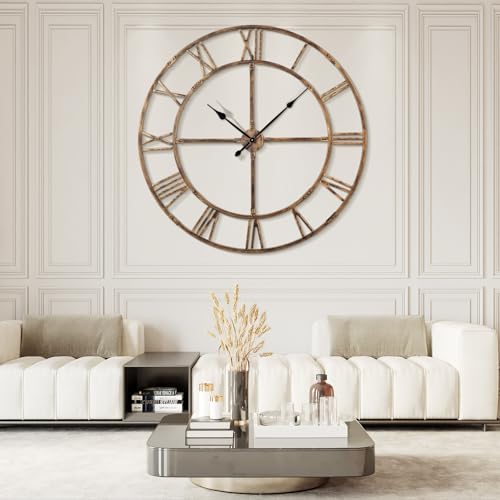 60 Inch Large Silent Wall Clock, Easy Assembly Roman Numeral Bronze - color: Bronze Metal Wall Clock, size: 60inch