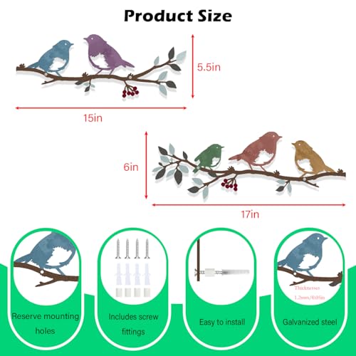 Harikikochuu 2 Pcs Metal Birds Wall Art Decor Robin Bird on the Branch Silhouette Art Metal Decorative Birds Hanging Wall Sculpture for Outdoor Balcony Garden Porch Décor(Colorful) - color: Colorful