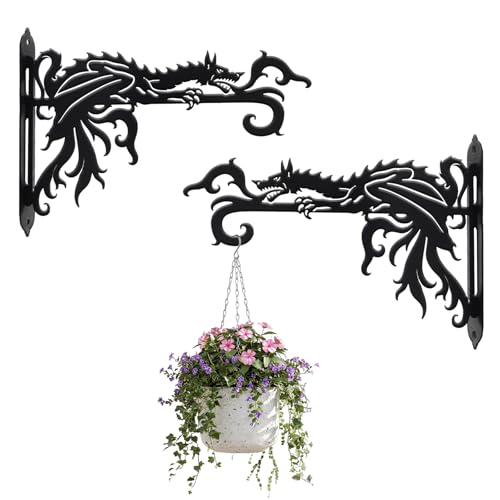 2 Pack-10inch Gothic Dragon Metal Wall Brackets for Hanging Plants, Outdoor Indoor Decorative Hooks for Hanging Plants, Bird Feeder, Wind Chime, Lantern (Lantern NOT Included)