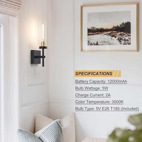 Wireless Wall Sconces with Remote Control, Battery Operated Wall Sconce Set of 2, Black & Gold Rechargeable Dimmable Wall Light for Bedroom Living room Bathroom Hallway Entryway Stairwell, 3000K - color: Black Gold & Clear Glass, size: Battery 16 Inch