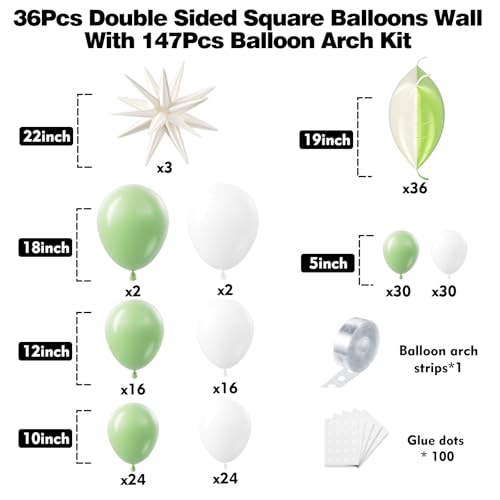 36pcs Cream Green and Cream White Square Foil Balloons Wall Backdrop with 147pcs Balloon Garland Arch Kit, Double Sided Balloons for Birthday Wedding Bridal Shower Baby Shower Party Decorations - color: Cream Green and Cream White