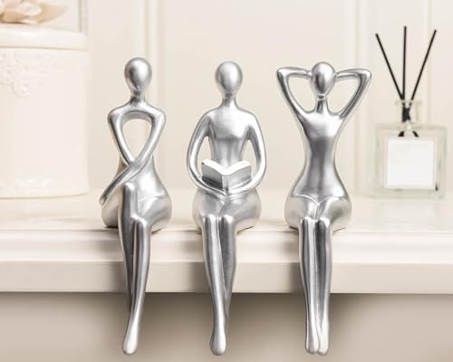Quoowiit Thinker Statue Office Desk Decor, Silver Art Sculpture Ornament Coffee Table Bookshelf Decor Modern Home Unique Home Decorations for Living Room 3 Piece - color: Silver