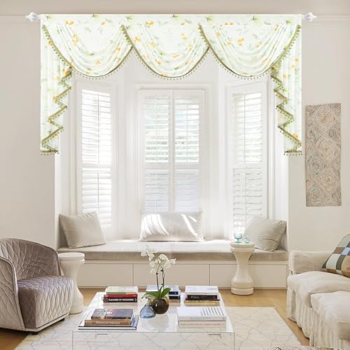 Leeva Waterfall Sheer Valance Curtains with Bead Tassels - Luxury Plants Print Swag Valances, Airy Window Curtain Sheers for Bedroom, 79 Inches Wide - color: Flower, size: 79"W x 43"L (Pack of 1)