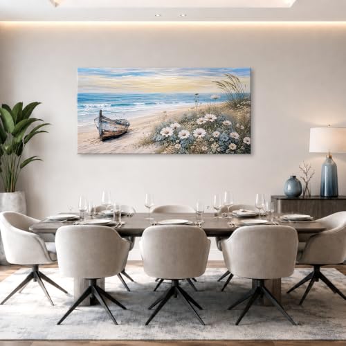 OKEXCKK Vintage Beach Large Canvas Wall Art, Landscape Wildflowers Painting Poster, Coastal Nature Floral Picture Artwork Print for Bedroom Living Room Office Home Decor 20"x40" - color: Vintage Beach, size: 40"L x 20"W