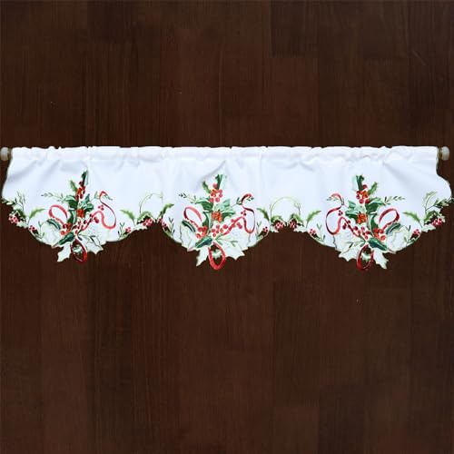 Grelucgo Embroidered Rod Pocket Kitchen Window Curtains Valance 58×14 Inches for Christmas Holidays (Holly Leaves) - color: Holly Leaves