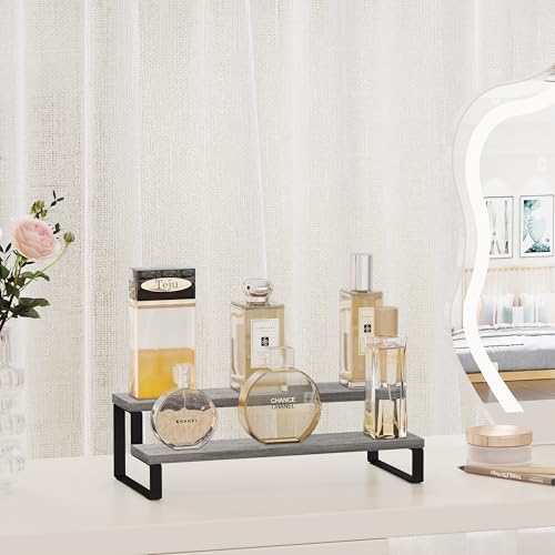 YINMIT Wooden Display Riser Stand, Tiered Perfume and Cologne Organizer Stand, 2 Tier Spice Rack Organizer, Rustic Display Shelf for Candles (2 Tier,Grey) - color: 2 Tier,1 Pack,Grey