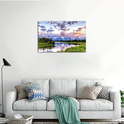 SKASNFAI Mountain Wall Decor Canvas Painting Grand Teton Wall Art Oxbow Bend National Park Landscape Poster Artwork Framed Pictures for Living Room Bedroom (16x24 inch) - color: Forest 02, size: 16"L x 24"W