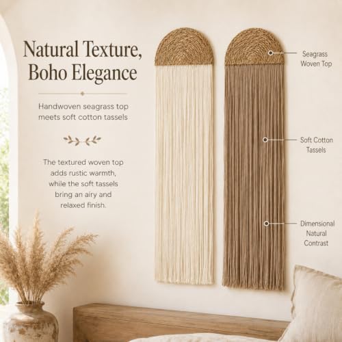 Flutesan 2 Pcs Macrame Wall Hanging Handmade Seagrass Woven Cotton Rope Wall Tapestry Boho Decor Macrame Art Art 13.7" W x 51" L W for Living Room Bedroom Headboard Decor