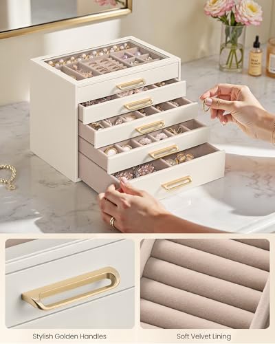 SONGMICS 5-Layer Jewelry Box with Glass Window, 5 Drawers, Golden Handles - color: Cream White, size: 5-Tier