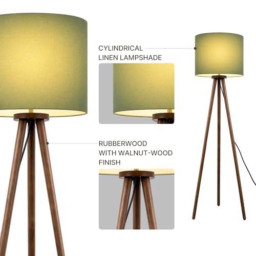 Buruis 60.6 Inch Walnut Wood Tripod Floor Lamp with Linen Drum Shade, Green - color: Green