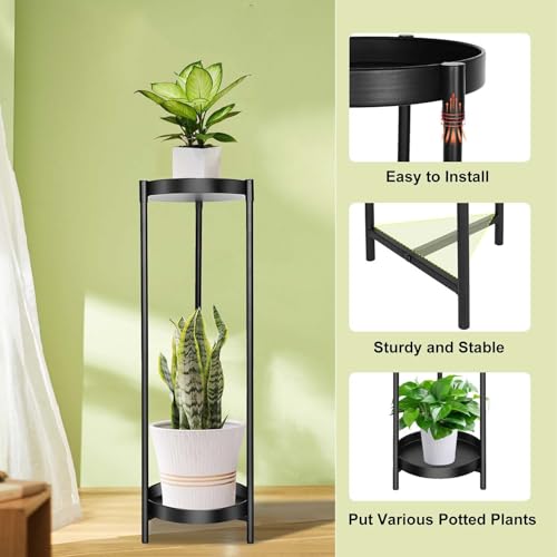 Plant Stand Indoor Outdoor, 24 Inch 2 Tier Metal Plant Stand, Black