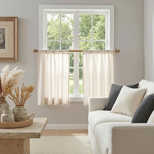 MYSKY HOME Natural Linen Curtains 24 Inch Long for Kitchen, Semi Sheer Light Filtering Window Panels Rod Pocket Valance Neutral Drapes for Small Window/Cafe/Bathroom Basement, 2 Panels, 34 x 24 Inch - color: Natural Linen, size: 34"W x 24"L (Pack of 2)