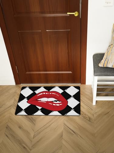 Red Lips Checkered Front Door Mat Outside Entrance - Waterproof Non-Slip Decorative Door Mats for Indoor Outdoor Porch Inside Entryway, Cute Funky Washable Welcome Mats, Housewarming Gifts Idea 300 - color: Doormat002
