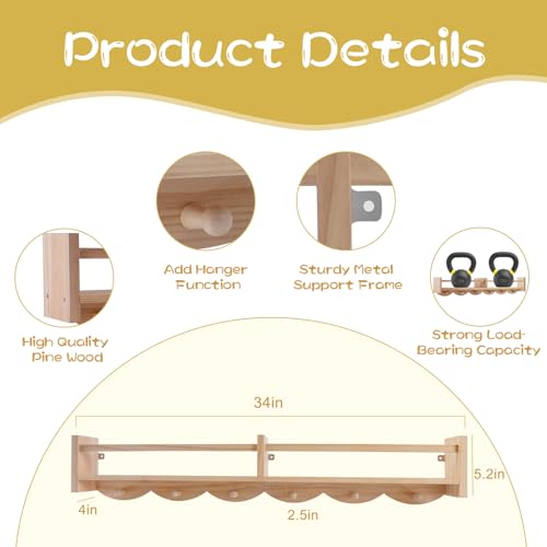 34Inch Nursery Book Shelves Wall Mounted, Floating Book Shelf for Kids Coat Rack with 6 Hooks, Wall Hanging Shelf for Baby Nursery Room Organizer ,Patent Number:US-D1058229-S(4, Burlywood) - color: Burlywood