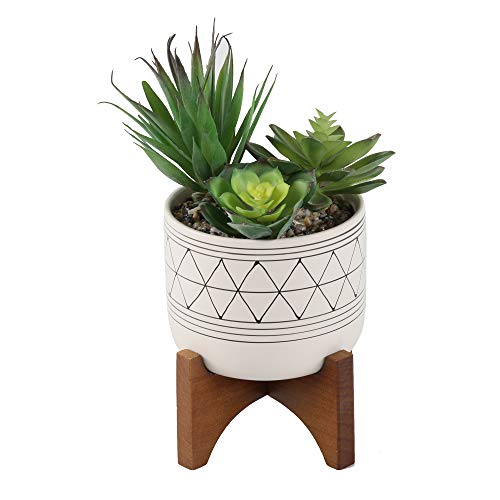 Flora Bunda 5" White Black Ceramic Geometric W/Wood Stand Planter Mid Century - color: White/Black Line 5"
