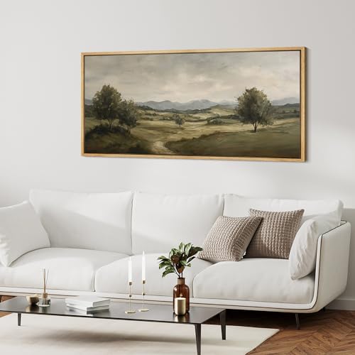 MUDECOR Extra Large Framed Canvas Print Wall Art Green Valley Tree Landscape Tranquil Countryside Illustrations Antique Retro Fine Art Illustrations Decorative Colorful for Bedroom - 60"x30" - color: AB06-2508-MAY02, size: 60"L x 30"W