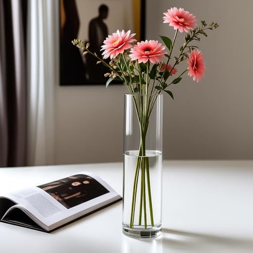 CYS Excel Clear Glass Cylinder Flower Vase, 14" Height x 4" Diameter, Elegant Hand-Blown Glass Wedding Floral Centerpiece Versatile Hurricane Candle Holder - size: H-14" D-4"