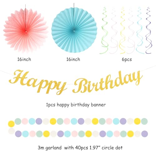Pastel-Rainbow Classroom Girls Birthday Party-Decorations - 21pcs Happy Banner Decor, Colorful Paper Streamers Lanterns,Tissue Pom Poms Fan,Hanging Honeycomb Garland, Two Sweet Easter Supplies Huglony - color: Macaron
