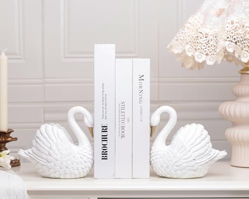 Swan Decorative Bookends,Resin Book Ends for Shelves,Unique White Book Holders,Heavy Duty Swan Decor for Home Office Desk Bookshelf,Set of 2,Gifts for Anniversary - color: White