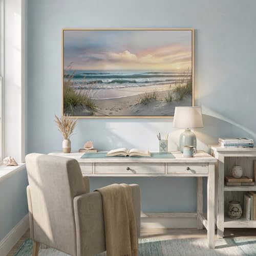 Framed Coastal Beach Sunset Landscape Wall Art for Living Room, 24x36 In - color: Blue-A