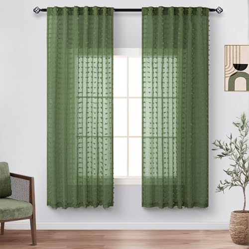 Olive Green Sheer Curtains 63 Inch Length for Bedroom Living Room Cute Pom Pom Patterned Modern Christmas Window Decor Country Rustic Farmhouse Boho See Through Sheer Curtain Back Tab 2 Panels 52x63 - color: Olive Green, size: 52"W x 63"L (Pack of 2)