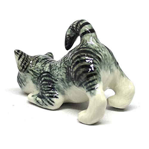 Handmade Ceramic Gray Miniature Tabby Cat Figurine, Shelf Decor